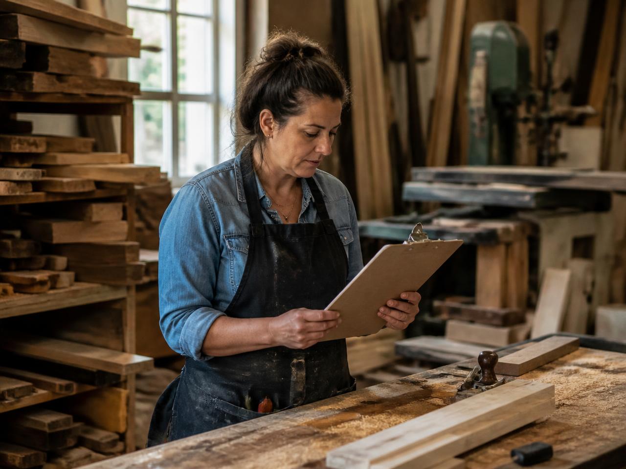 A workshop owner reviewing paperwork on a clipboard at her workbench, surrounded by timber and tools.